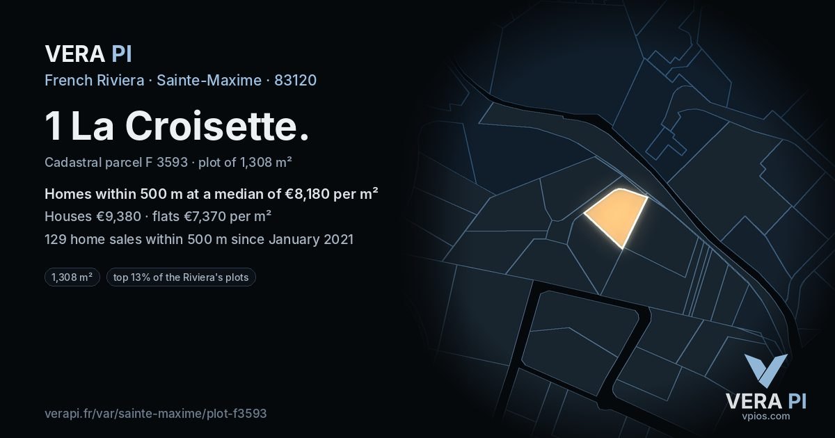 1 La Croisette, Sainte-Maxime at night – the plot lit, the parcels around coloured by the prices near them