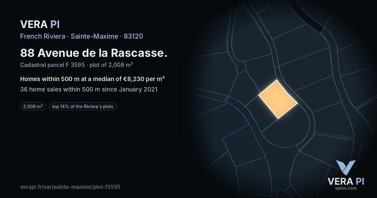 88 Avenue de la Rascasse, Sainte-Maxime at night – the plot lit, the parcels around coloured by the prices near them