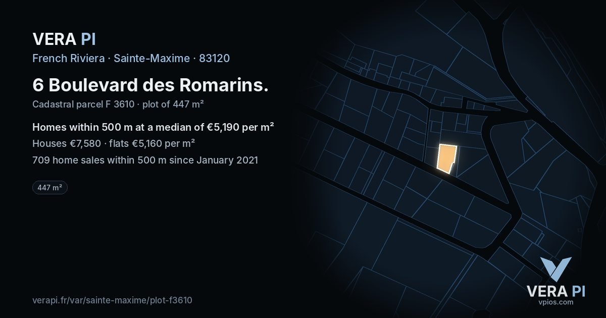 6 Boulevard des Romarins, Sainte-Maxime at night – the plot lit, the parcels around coloured by the prices near them