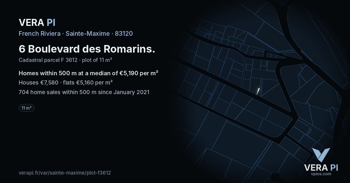 6 Boulevard des Romarins, Sainte-Maxime at night – the plot lit, the parcels around coloured by the prices near them