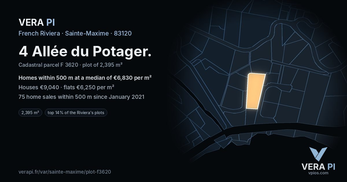 4 Allée du Potager, Sainte-Maxime at night – the plot lit, the parcels around coloured by the prices near them