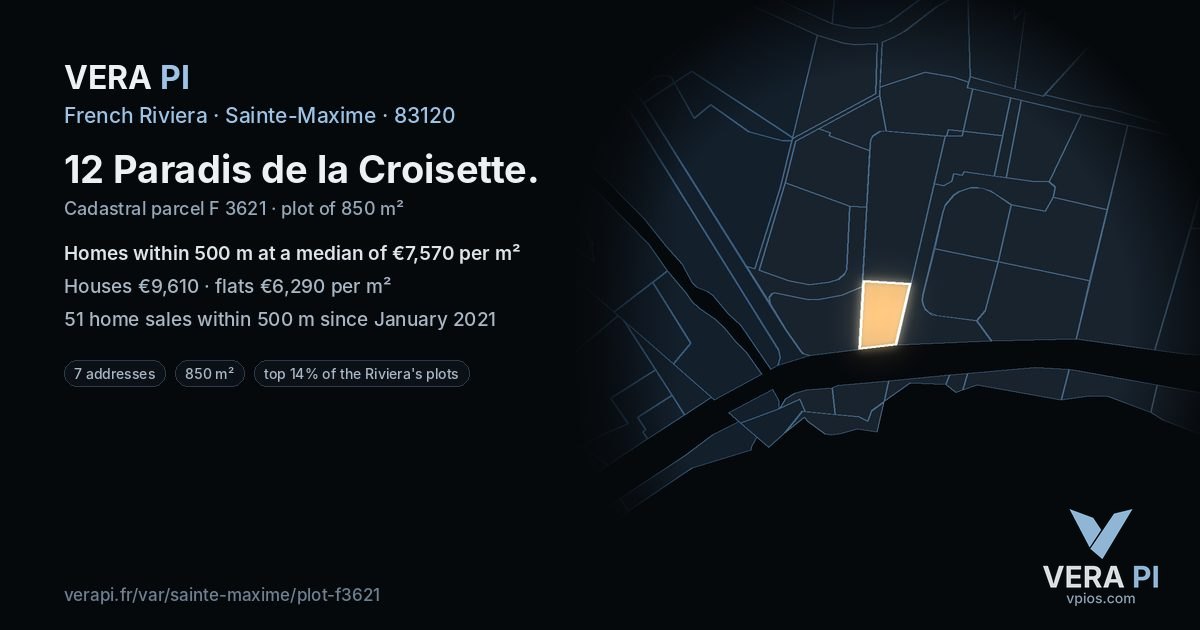 12 Paradis de la Croisette, Sainte-Maxime at night – the plot lit, the parcels around coloured by the prices near them
