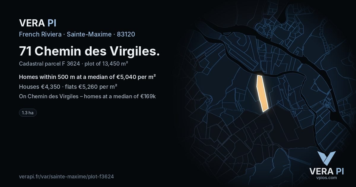 71 Chemin des Virgiles, Sainte-Maxime at night – the plot lit, the parcels around coloured by the prices near them