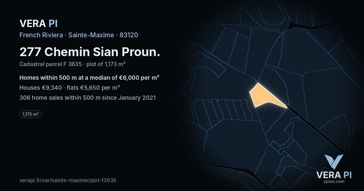 277 Chemin Sian Proun, Sainte-Maxime at night – the plot lit, the parcels around coloured by the prices near them