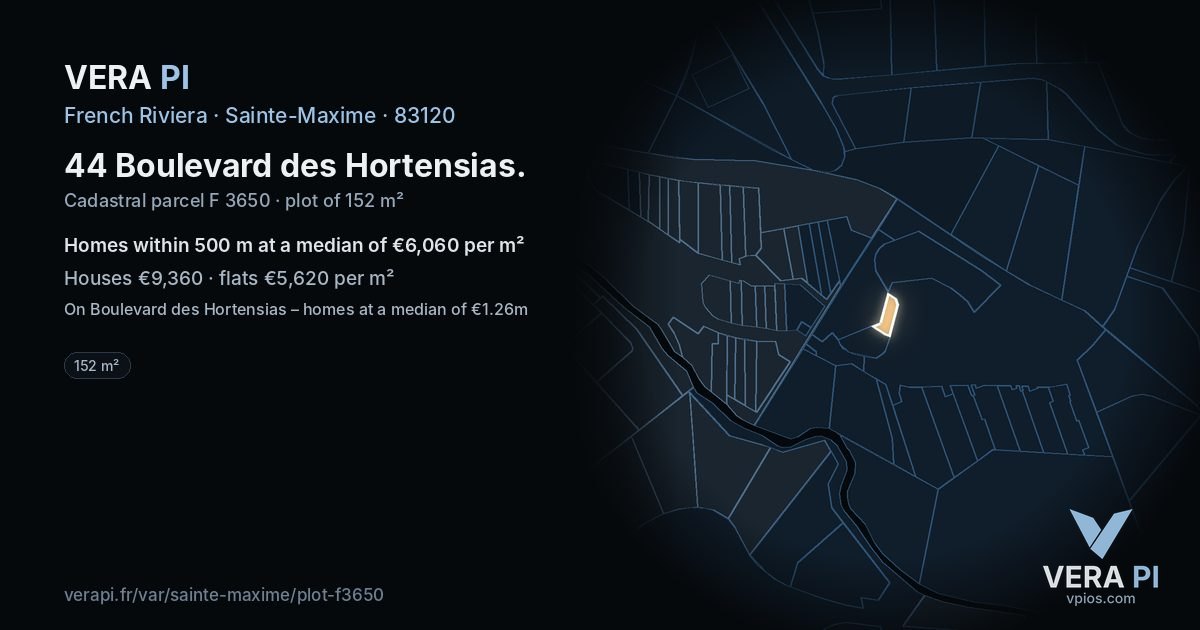 44 Boulevard des Hortensias, Sainte-Maxime at night – the plot lit, the parcels around coloured by the prices near them