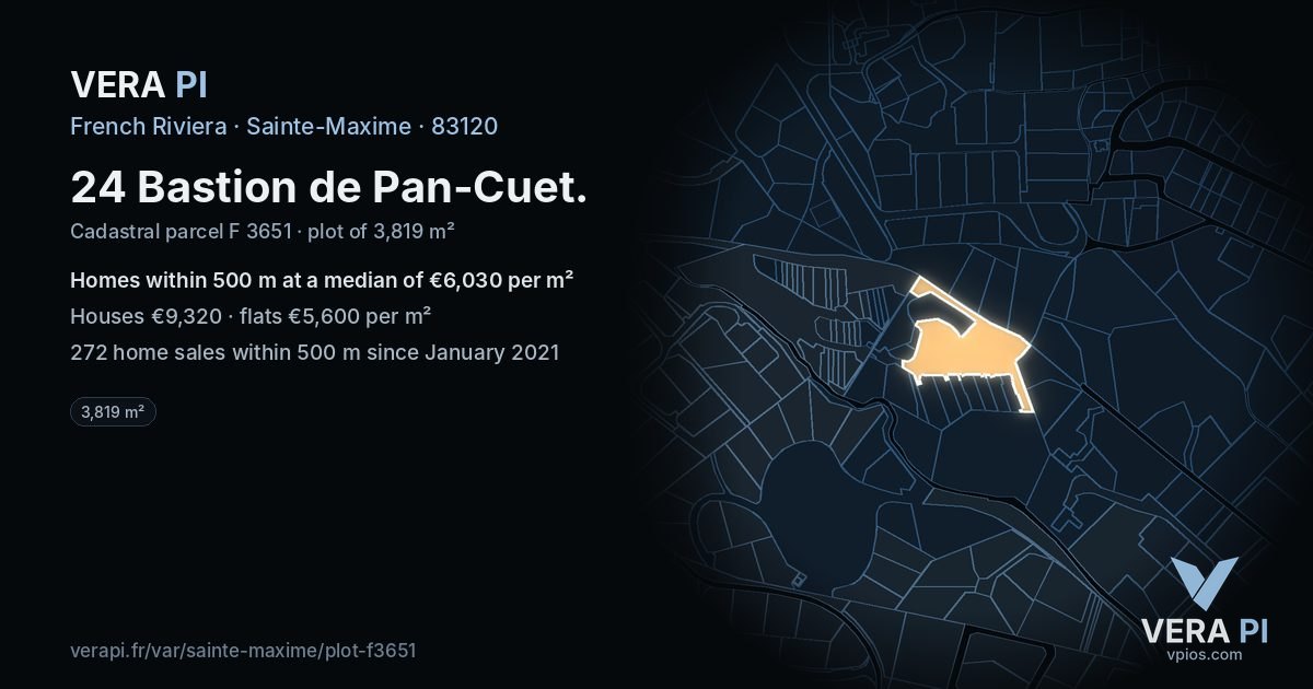 24 Bastion de Pan-Cuet, Sainte-Maxime at night – the plot lit, the parcels around coloured by the prices near them