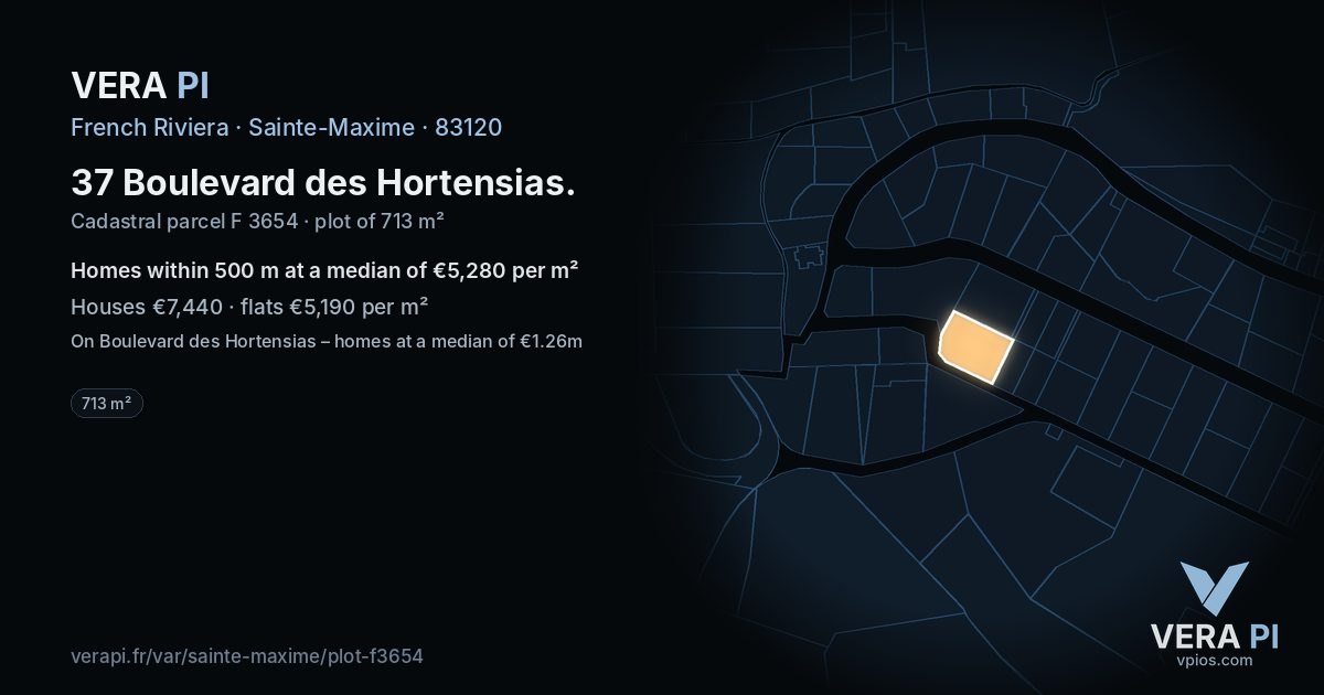 37 Boulevard des Hortensias, Sainte-Maxime at night – the plot lit, the parcels around coloured by the prices near them