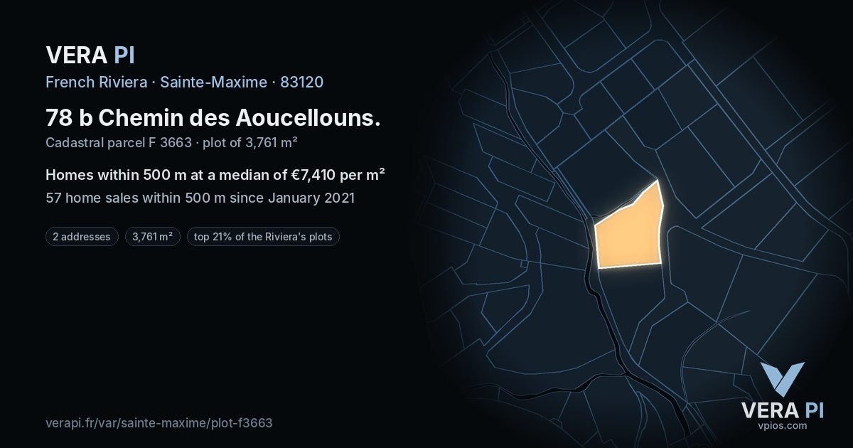 78 b Chemin des Aoucellouns, Sainte-Maxime at night – the plot lit, the parcels around coloured by the prices near them