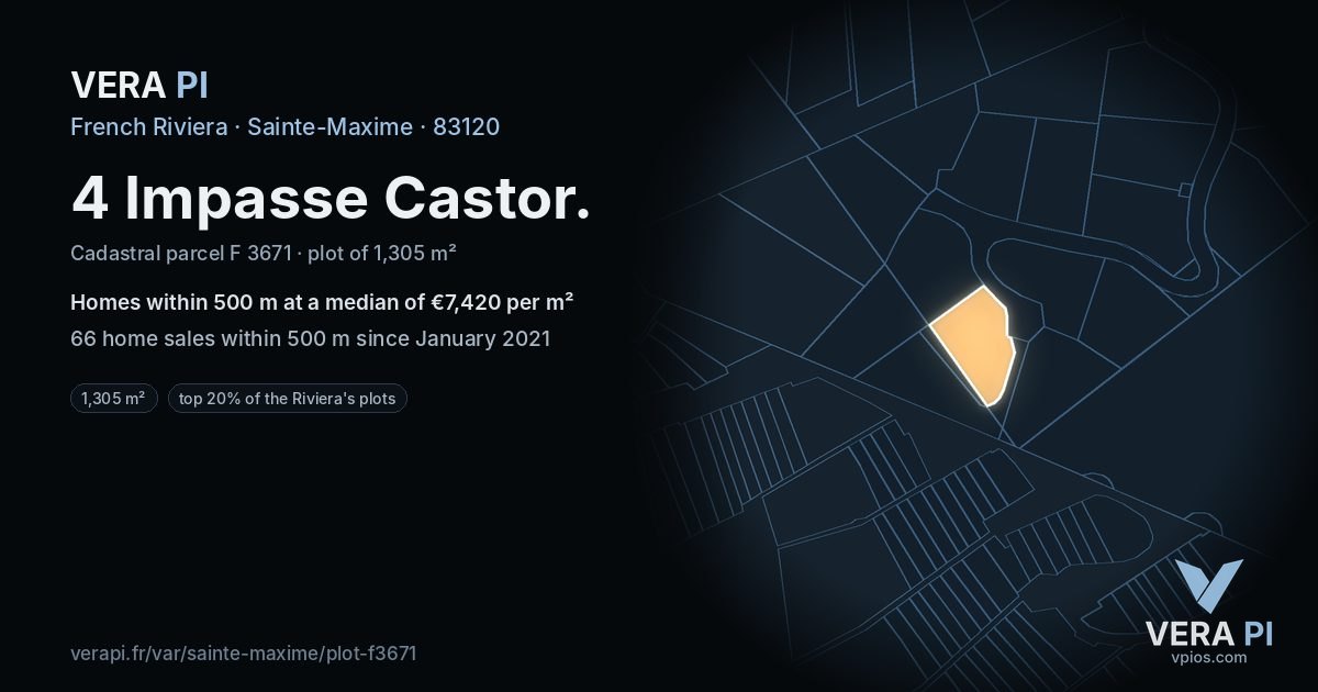 4 Impasse Castor, Sainte-Maxime at night – the plot lit, the parcels around coloured by the prices near them