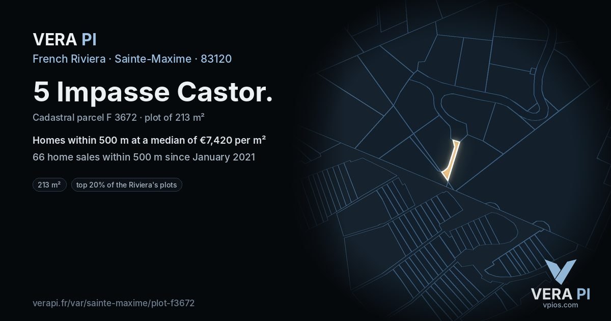 5 Impasse Castor, Sainte-Maxime at night – the plot lit, the parcels around coloured by the prices near them