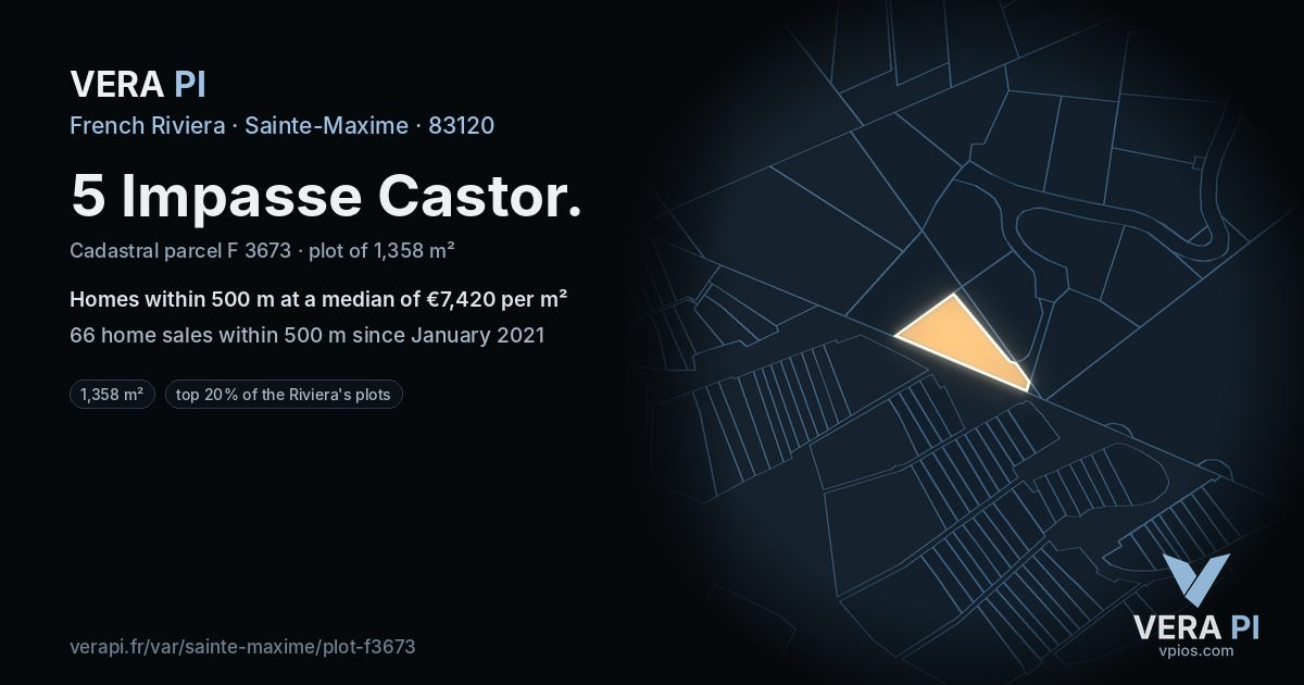 5 Impasse Castor, Sainte-Maxime at night – the plot lit, the parcels around coloured by the prices near them
