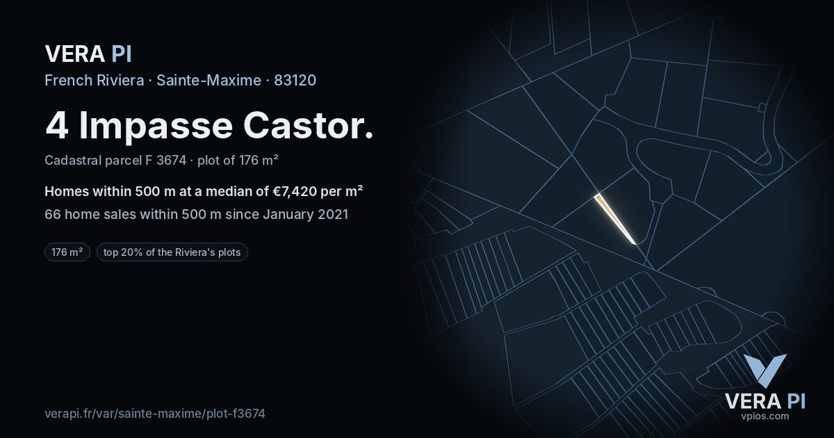 4 Impasse Castor, Sainte-Maxime at night – the plot lit, the parcels around coloured by the prices near them