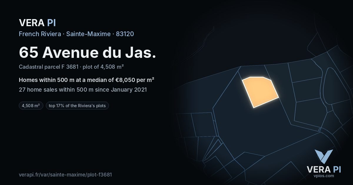 65 Avenue du Jas, Sainte-Maxime at night – the plot lit, the parcels around coloured by the prices near them