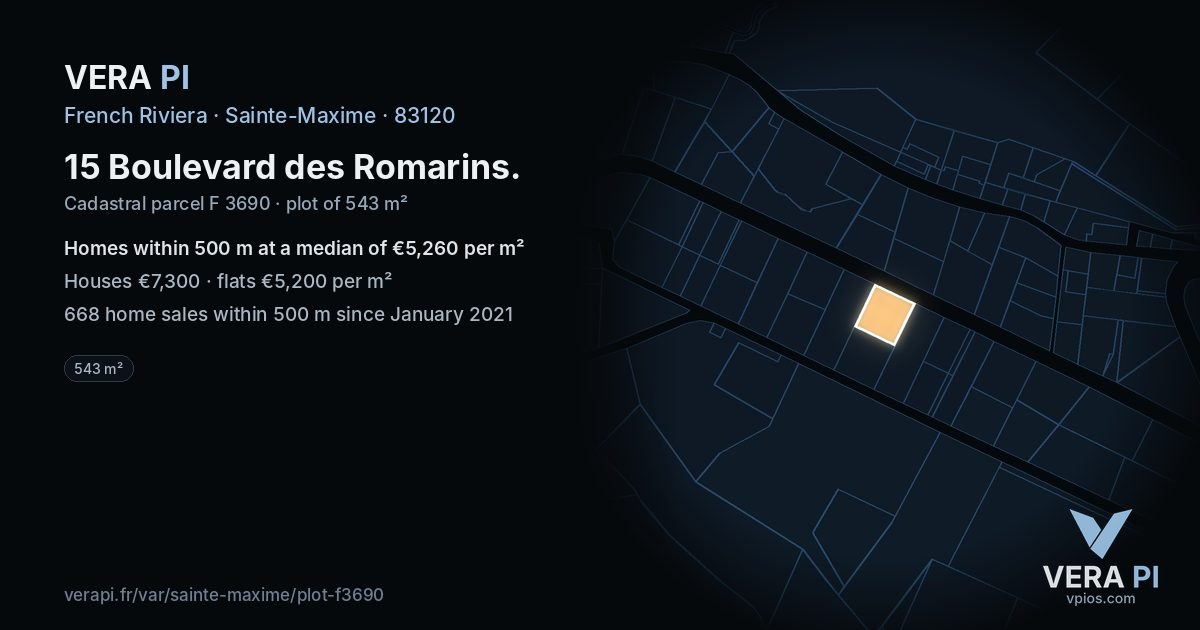 15 Boulevard des Romarins, Sainte-Maxime at night – the plot lit, the parcels around coloured by the prices near them