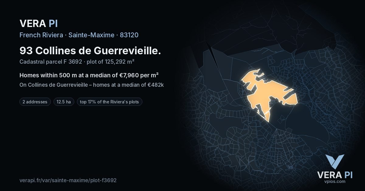 93 Collines de Guerrevieille, Sainte-Maxime at night – the plot lit, the parcels around coloured by the prices near them
