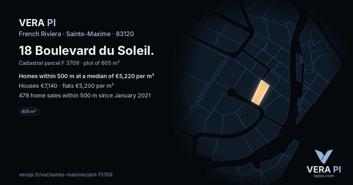 18 Boulevard du Soleil, Sainte-Maxime at night – the plot lit, the parcels around coloured by the prices near them