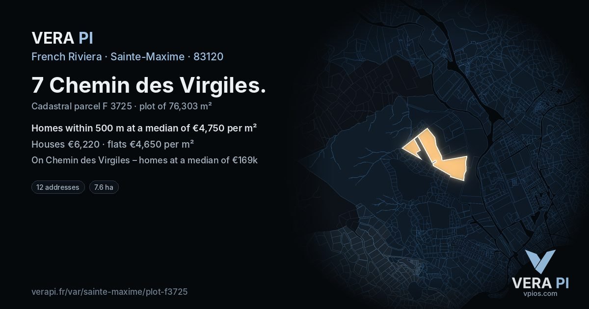 7 Chemin des Virgiles, Sainte-Maxime at night – the plot lit, the parcels around coloured by the prices near them