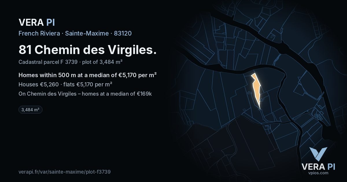 81 Chemin des Virgiles, Sainte-Maxime at night – the plot lit, the parcels around coloured by the prices near them