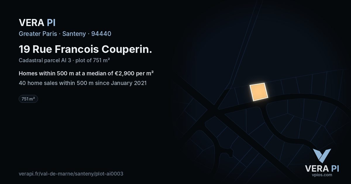 19 Rue Francois Couperin, Santeny at night – the plot lit, the parcels around coloured by the prices near them