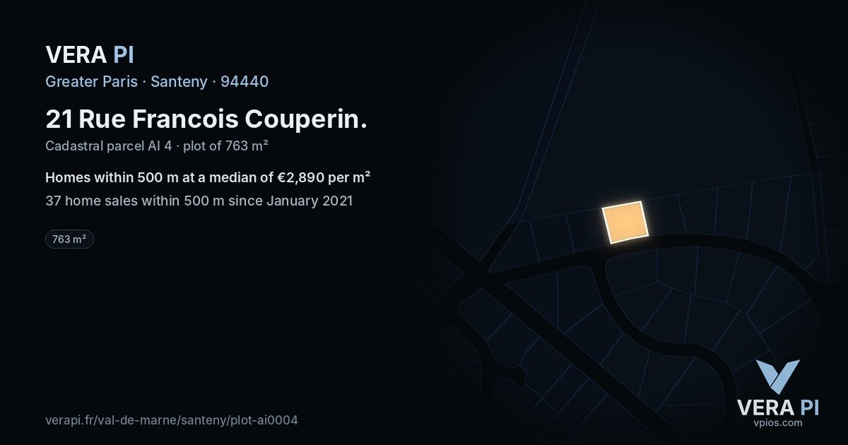21 Rue Francois Couperin, Santeny at night – the plot lit, the parcels around coloured by the prices near them