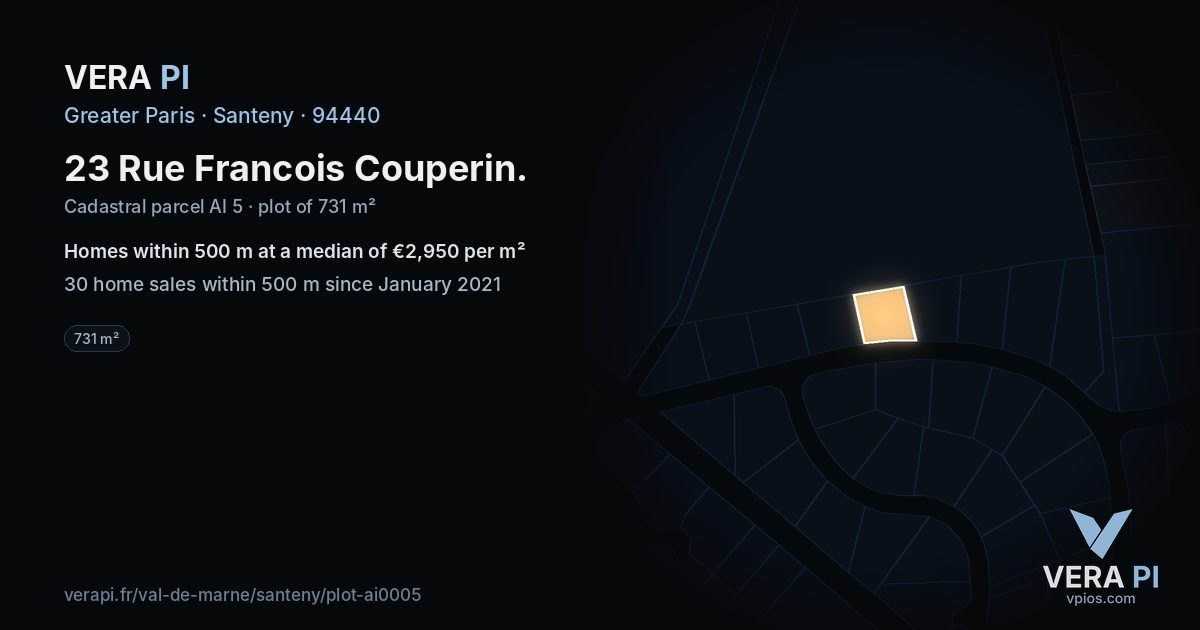 23 Rue Francois Couperin, Santeny at night – the plot lit, the parcels around coloured by the prices near them