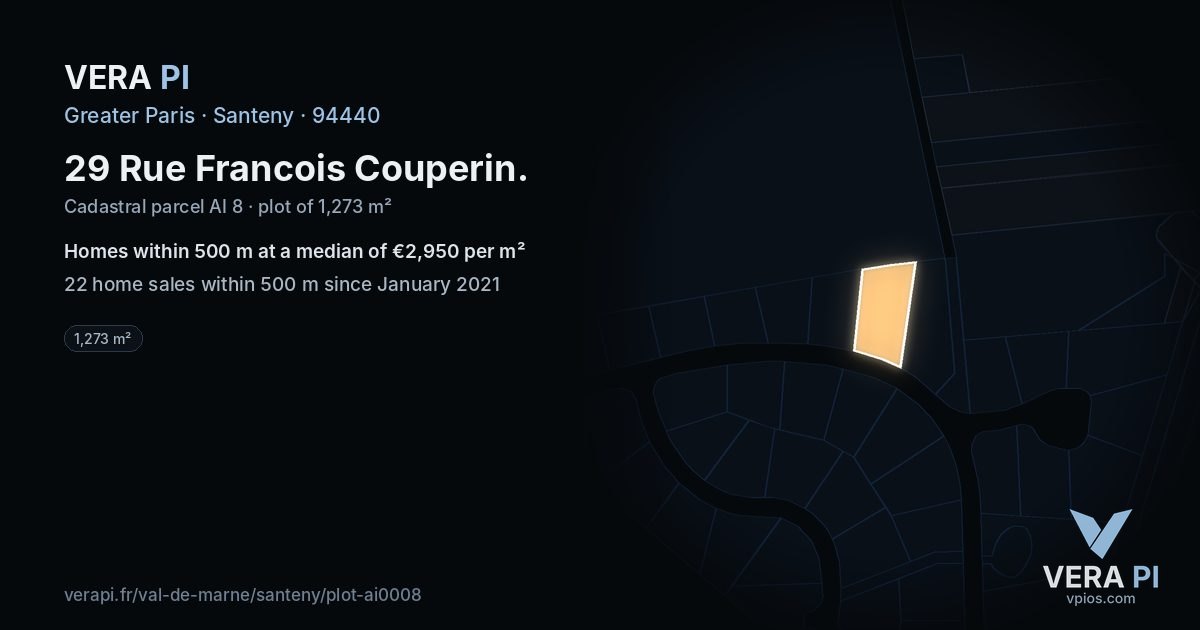 29 Rue Francois Couperin, Santeny at night – the plot lit, the parcels around coloured by the prices near them