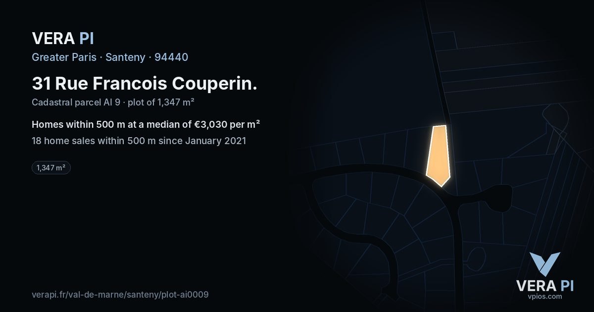 31 Rue Francois Couperin, Santeny at night – the plot lit, the parcels around coloured by the prices near them