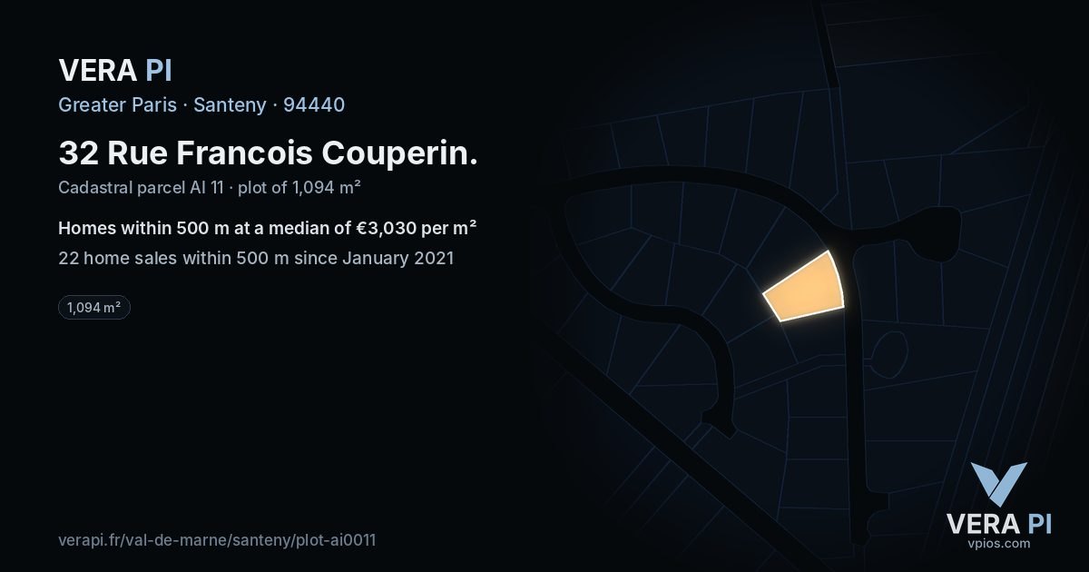 32 Rue Francois Couperin, Santeny at night – the plot lit, the parcels around coloured by the prices near them