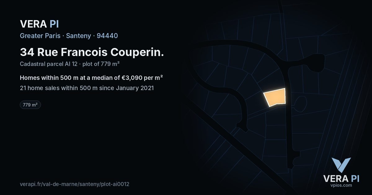 34 Rue Francois Couperin, Santeny at night – the plot lit, the parcels around coloured by the prices near them
