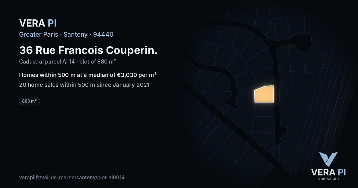 36 Rue Francois Couperin, Santeny at night – the plot lit, the parcels around coloured by the prices near them