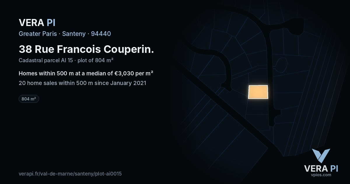 38 Rue Francois Couperin, Santeny at night – the plot lit, the parcels around coloured by the prices near them