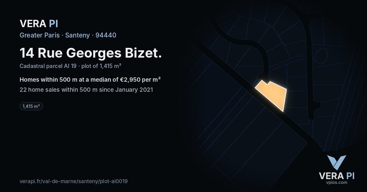 14 Rue Georges Bizet, Santeny at night – the plot lit, the parcels around coloured by the prices near them