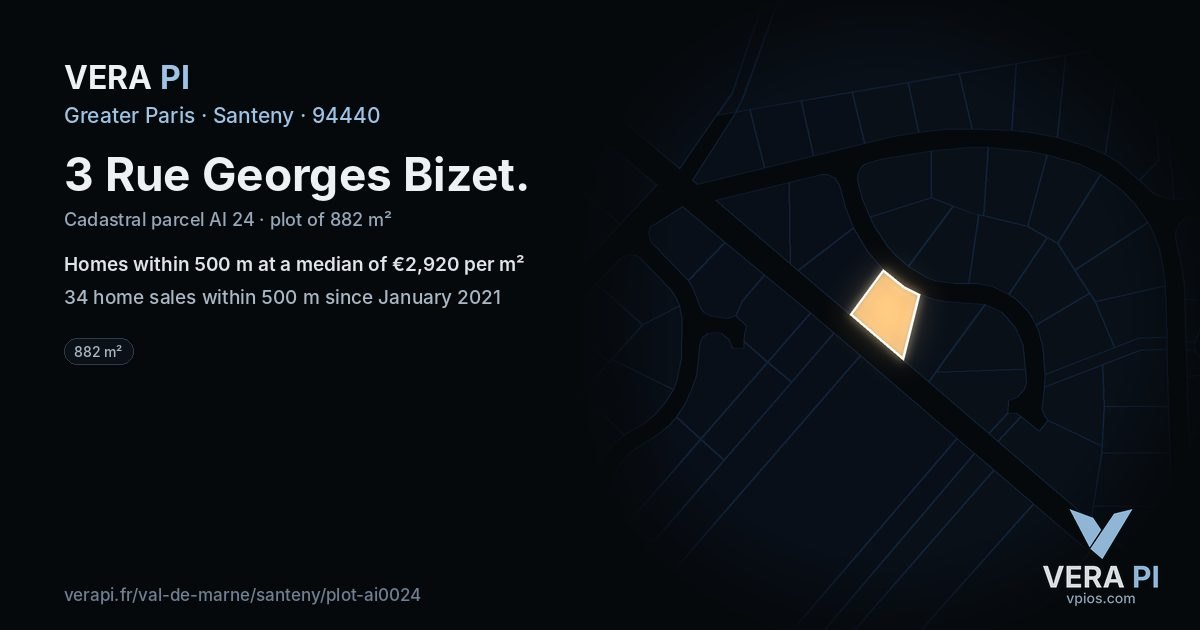 3 Rue Georges Bizet, Santeny at night – the plot lit, the parcels around coloured by the prices near them
