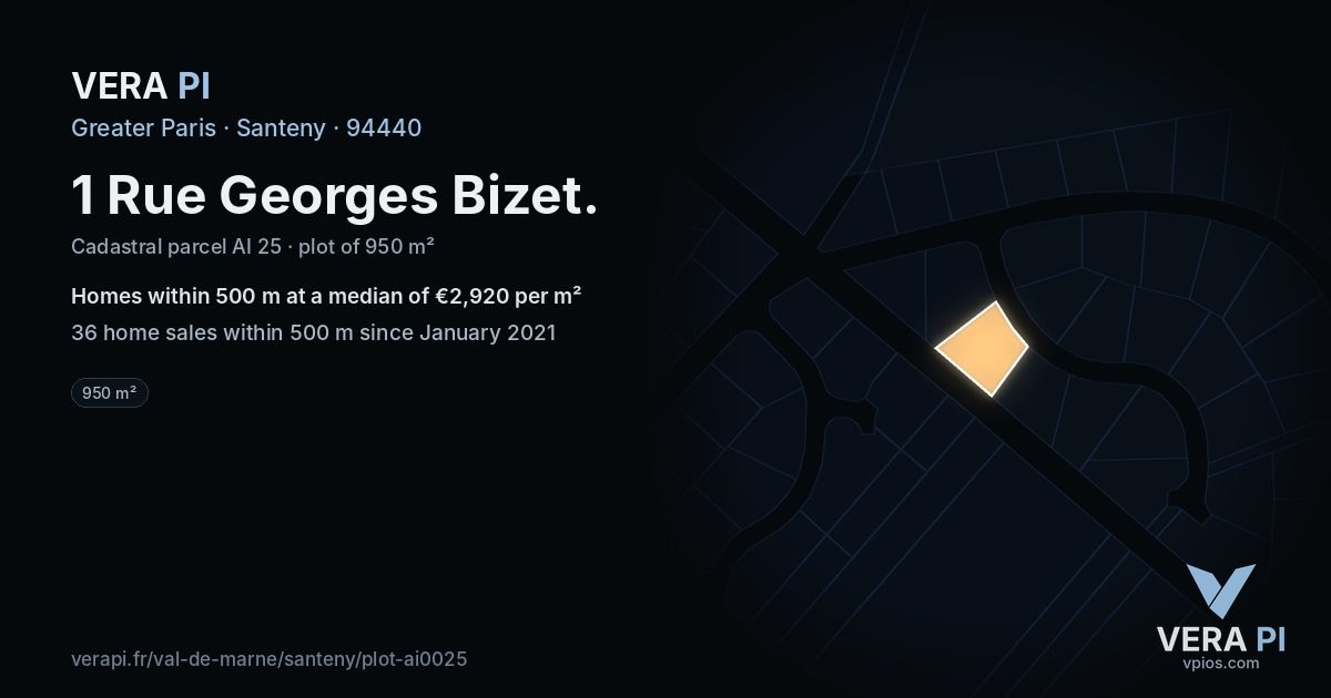 1 Rue Georges Bizet, Santeny at night – the plot lit, the parcels around coloured by the prices near them