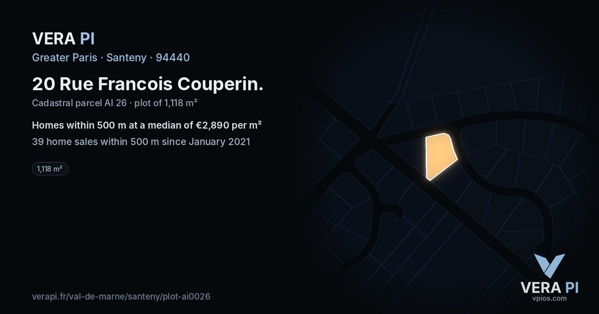 20 Rue Francois Couperin, Santeny at night – the plot lit, the parcels around coloured by the prices near them