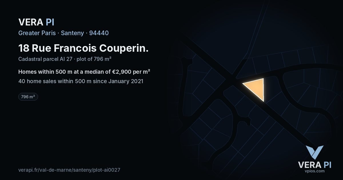 18 Rue Francois Couperin, Santeny at night – the plot lit, the parcels around coloured by the prices near them