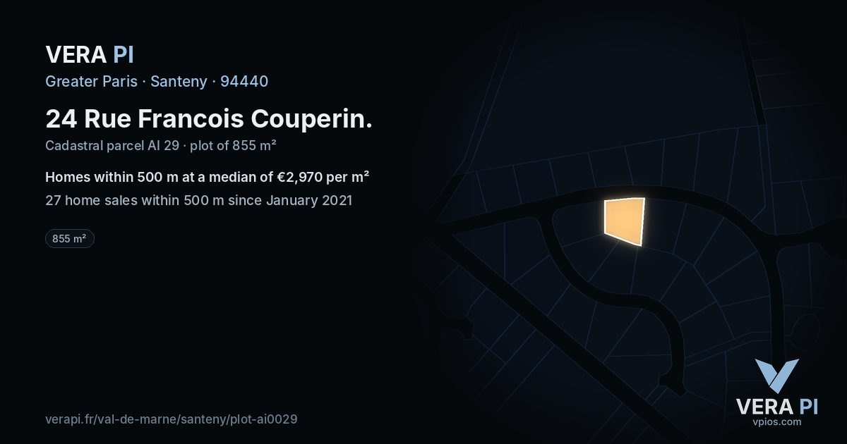 24 Rue Francois Couperin, Santeny at night – the plot lit, the parcels around coloured by the prices near them