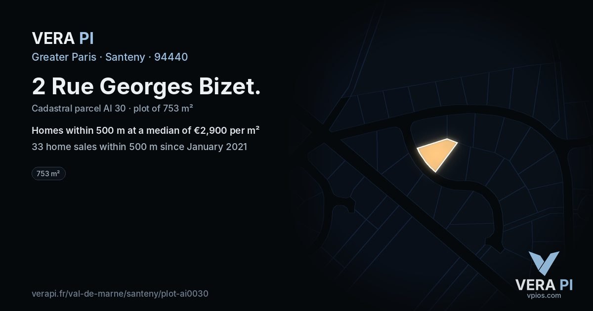 2 Rue Georges Bizet, Santeny at night – the plot lit, the parcels around coloured by the prices near them