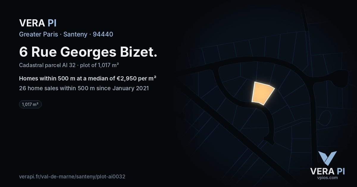 6 Rue Georges Bizet, Santeny at night – the plot lit, the parcels around coloured by the prices near them