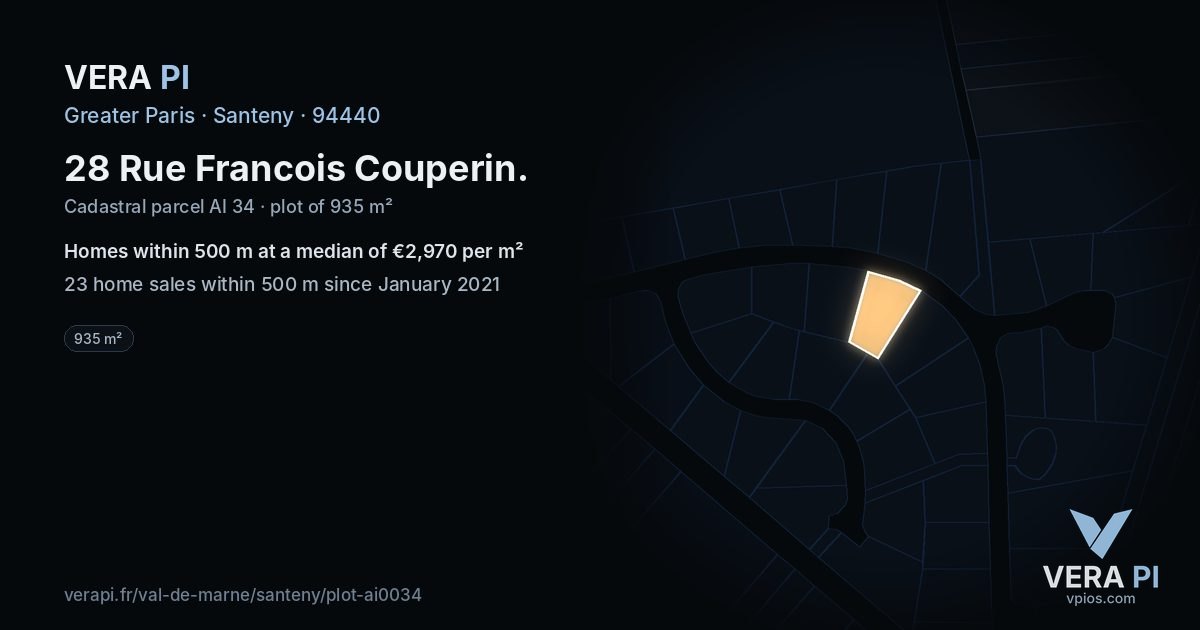28 Rue Francois Couperin, Santeny at night – the plot lit, the parcels around coloured by the prices near them