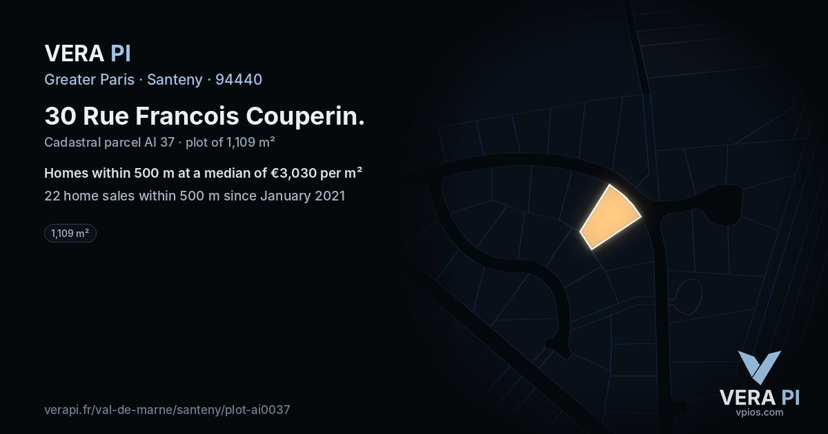30 Rue Francois Couperin, Santeny at night – the plot lit, the parcels around coloured by the prices near them