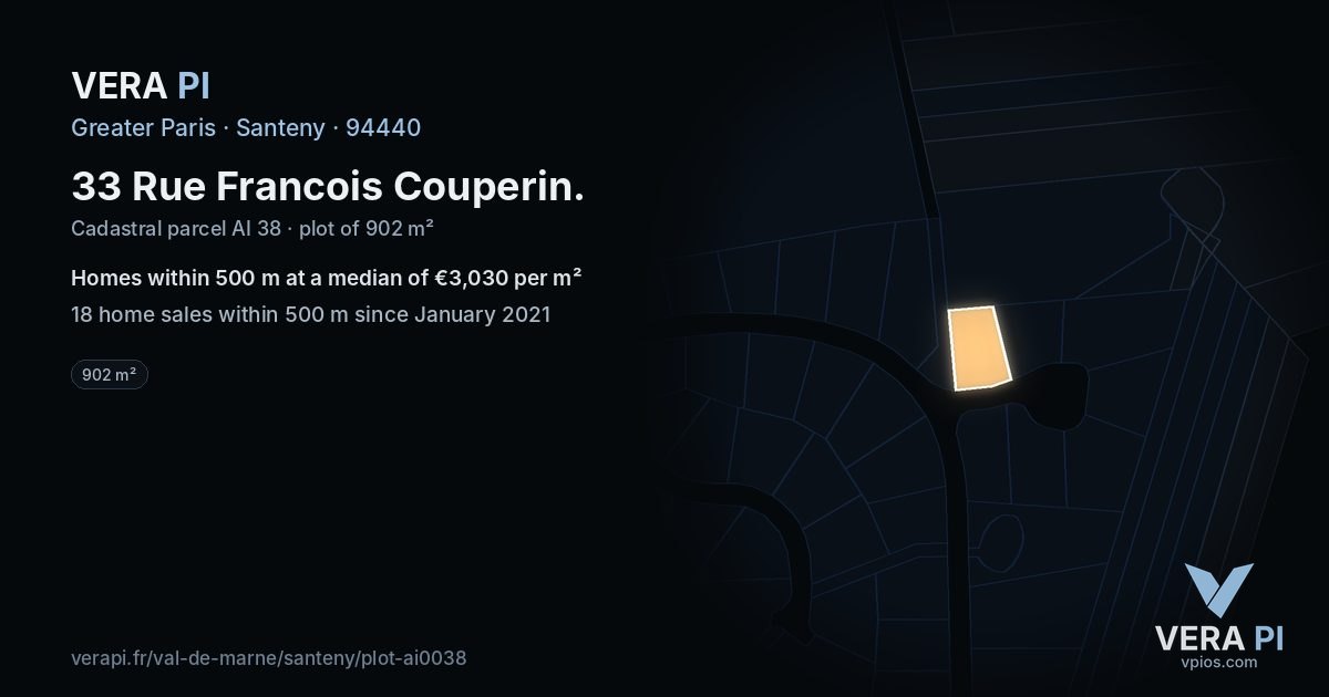 33 Rue Francois Couperin, Santeny at night – the plot lit, the parcels around coloured by the prices near them