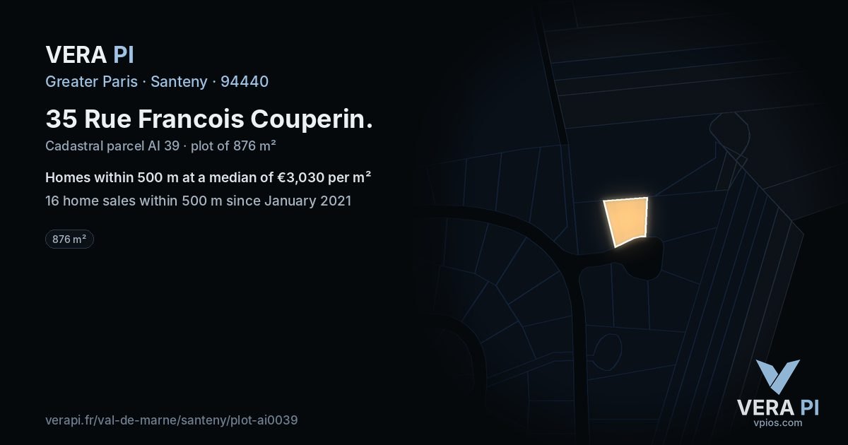 35 Rue Francois Couperin, Santeny at night – the plot lit, the parcels around coloured by the prices near them