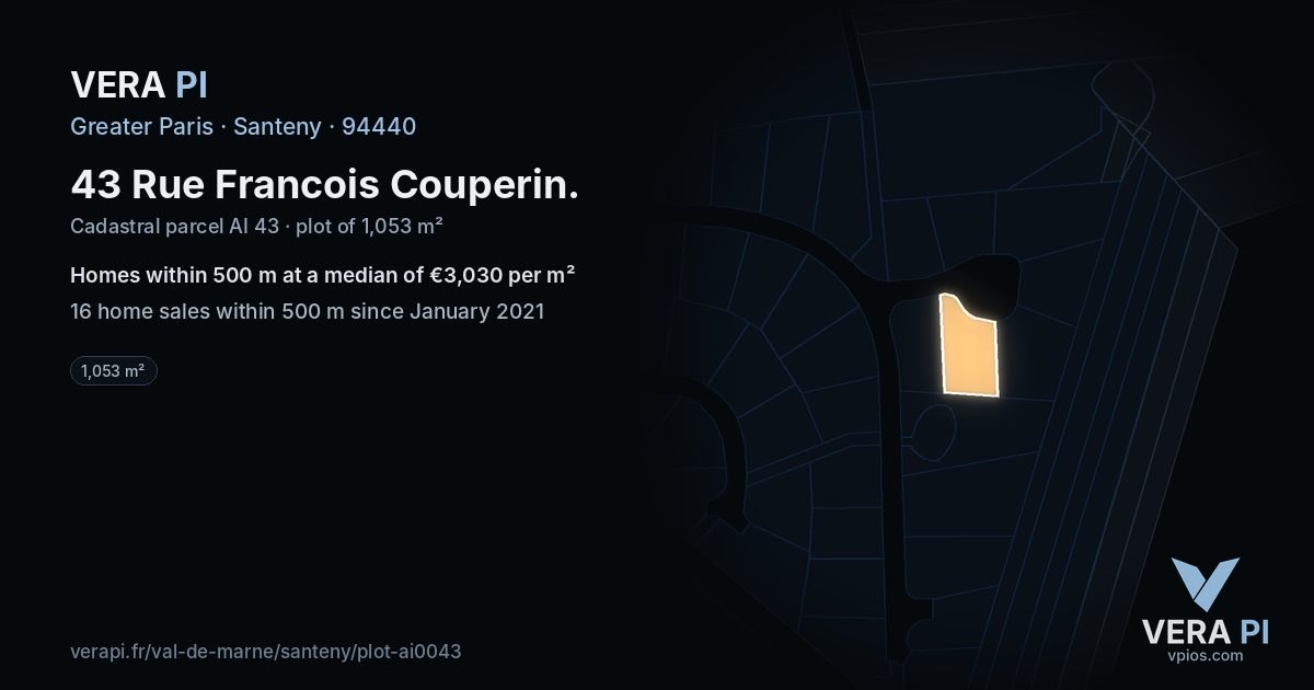 43 Rue Francois Couperin, Santeny at night – the plot lit, the parcels around coloured by the prices near them