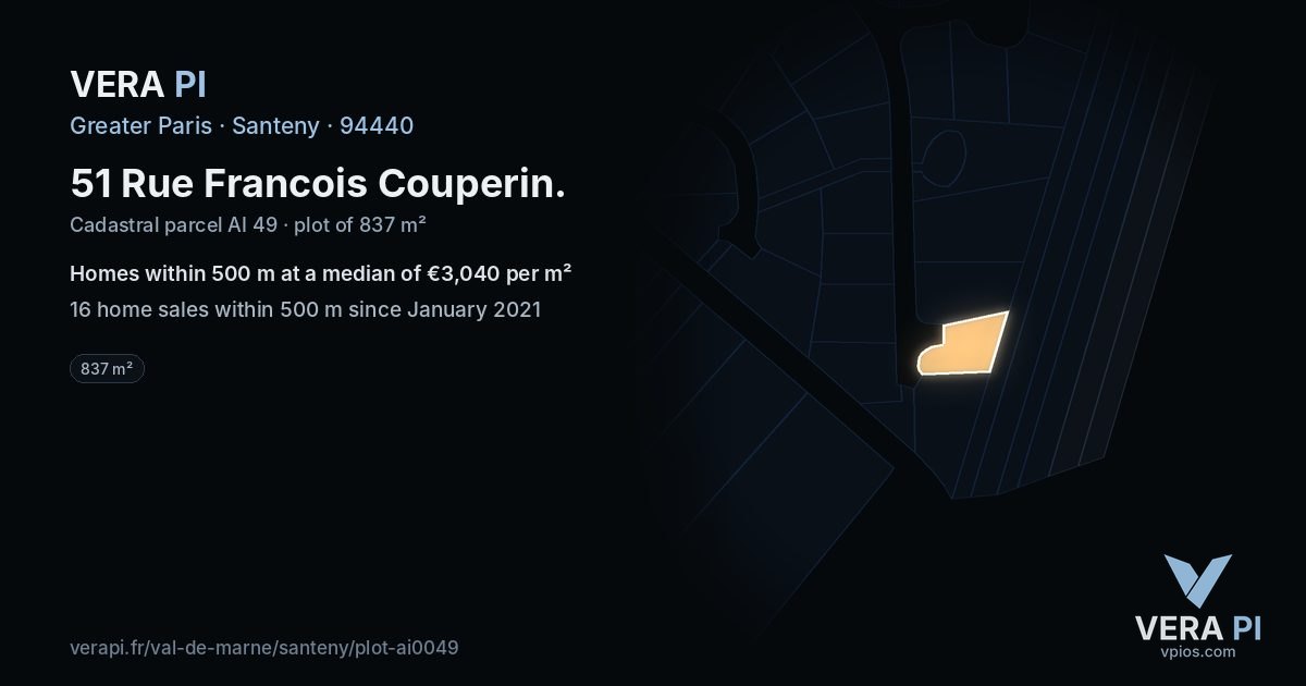 51 Rue Francois Couperin, Santeny at night – the plot lit, the parcels around coloured by the prices near them