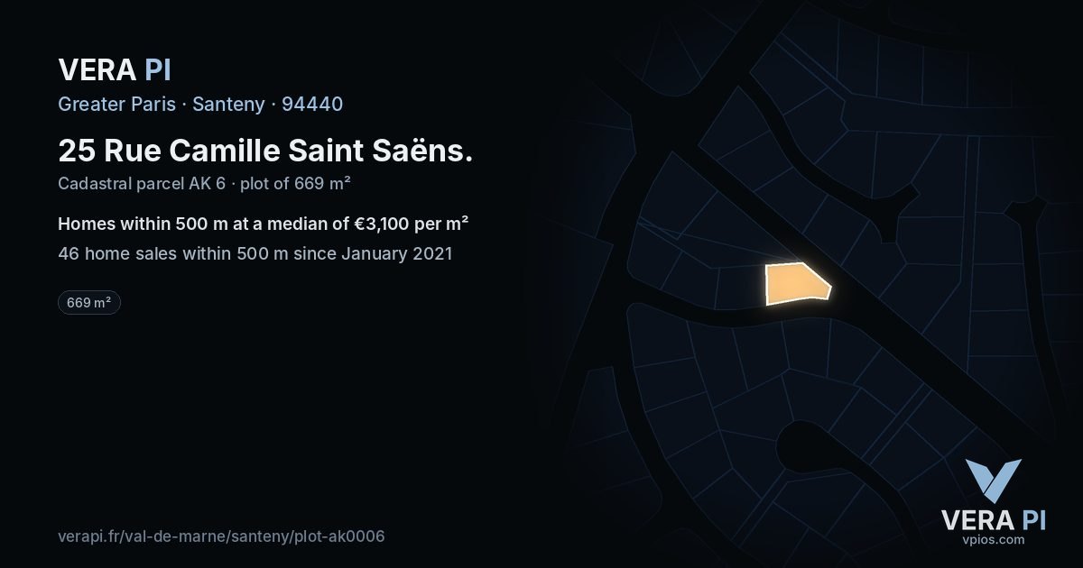 25 Rue Camille Saint Saëns, Santeny at night – the plot lit, the parcels around coloured by the prices near them