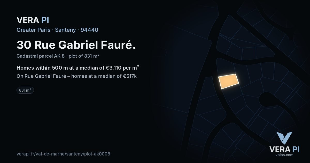 30 Rue Gabriel Fauré, Santeny at night – the plot lit, the parcels around coloured by the prices near them