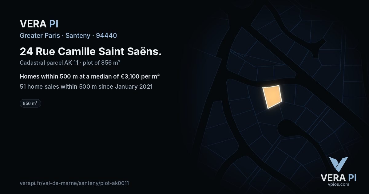 24 Rue Camille Saint Saëns, Santeny at night – the plot lit, the parcels around coloured by the prices near them