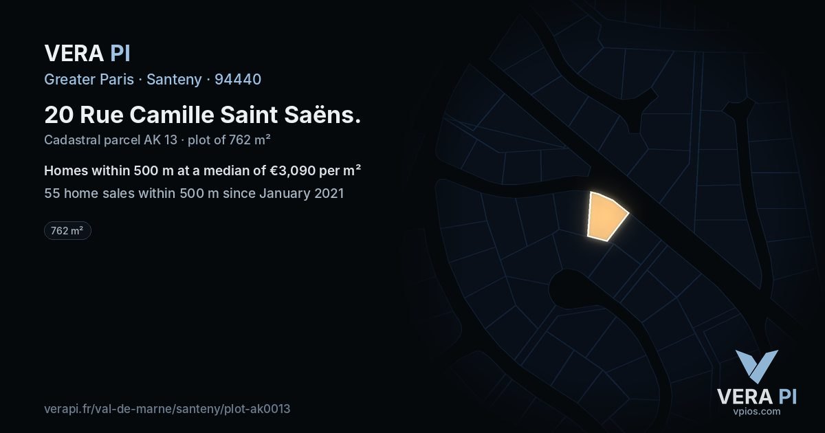 20 Rue Camille Saint Saëns, Santeny at night – the plot lit, the parcels around coloured by the prices near them
