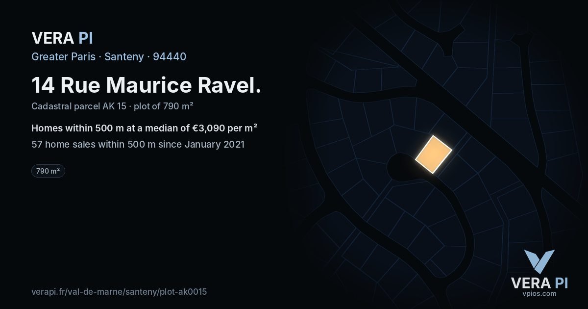 14 Rue Maurice Ravel, Santeny at night – the plot lit, the parcels around coloured by the prices near them